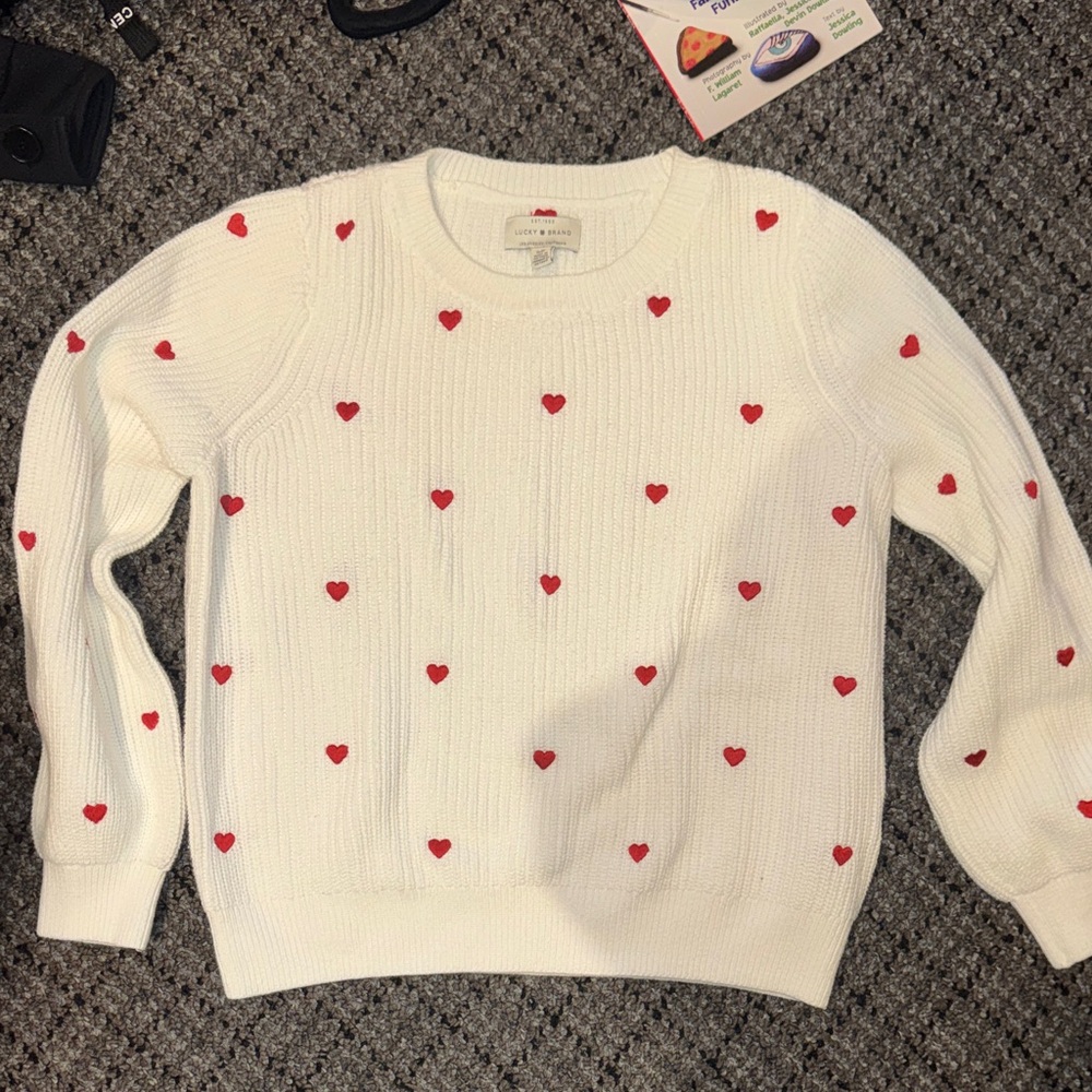 Lucky Brand White Sweater with Red Heart Pattern